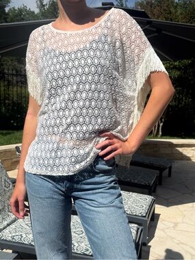 Lace Fringe Top Medium Boho Festival Sheer Crochet Ivory Side Slit Hippie Beach